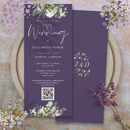 Convites Casamento Código QR Floral Verde Roxo