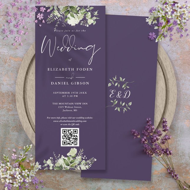 Convites Casamento Código QR Floral Verde Roxo (Greenery Floral Purple QR Code Wedding Invitation)