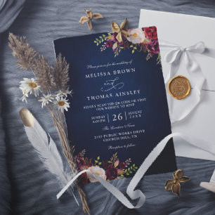 Convites Casamento Código QR Floral Vermelho Burgundy Azul-