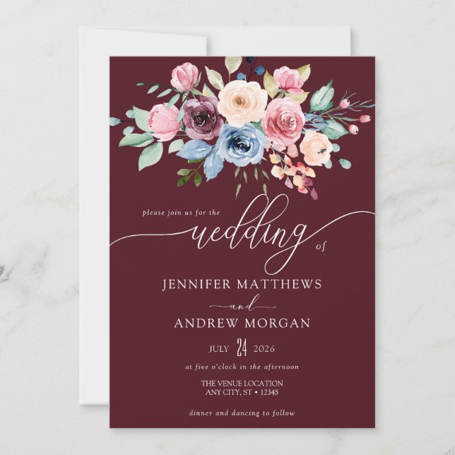 Convites Casamento Código QR Flores Azul Burgundy Elegante (Frente)
