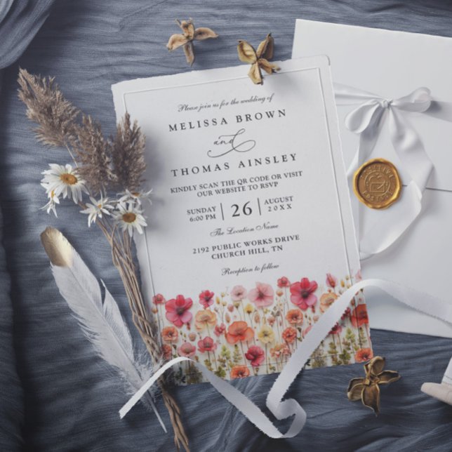 Convites Casamento Código QR Flores Silvestres Boho Rosa Pa (Criador carregado)