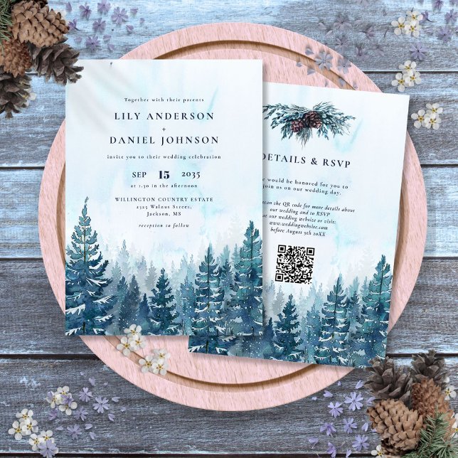 Convites Casamento Código QR Floresta de Pinheiros em Aquar (Winter Watercolor Pine Tree Forest QR Code Wedding Invitation)