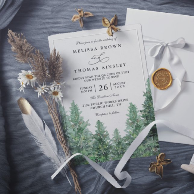 Convites Casamento Código QR Floresta de Pinheiros Rústico  (Criador carregado)