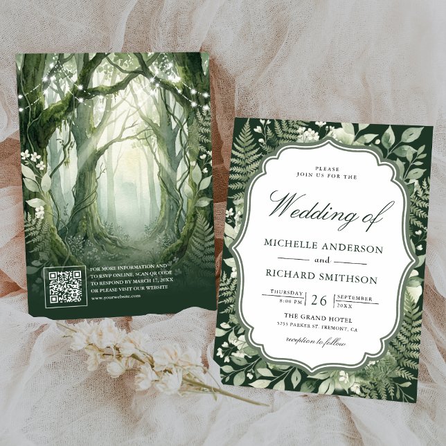 Convites Casamento Código QR Floresta Encantada Aquarela (Criador carregado)