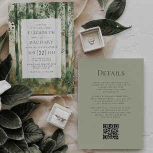 Convites Casamento Código QR Floresta Madeira Dourado Verde