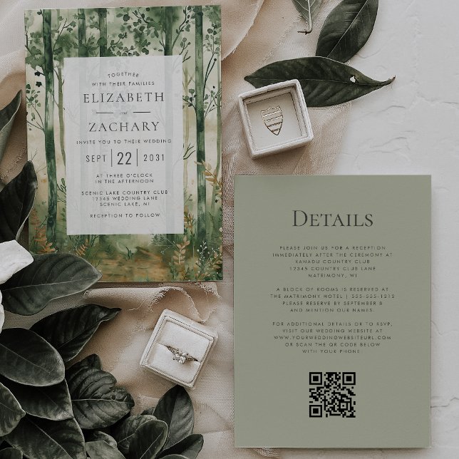 Convites Casamento Código QR Floresta Madeira Dourado Verde (Criador carregado)