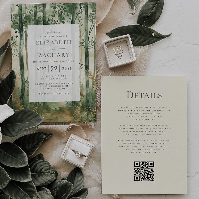 Convites Casamento Código QR Floresta Madeira Verde Rústico (Criador carregado)