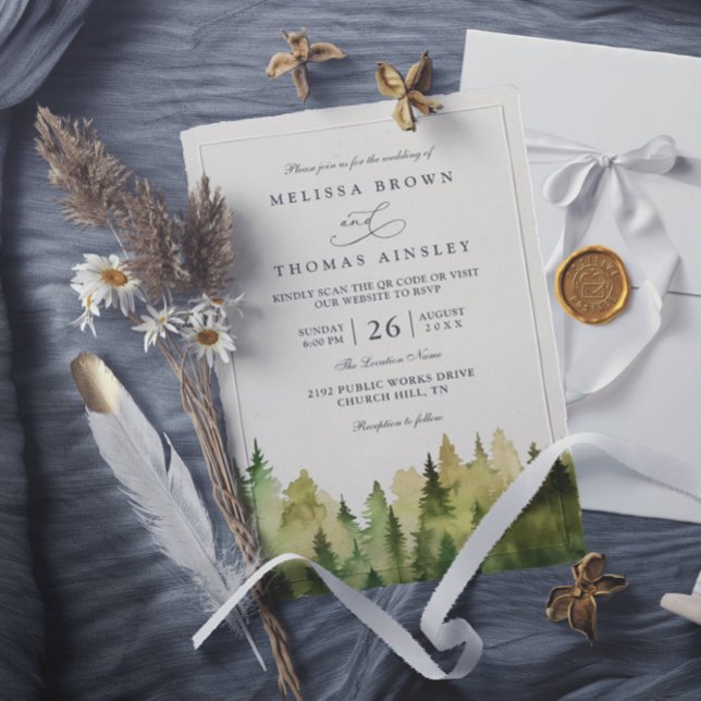 Convites Casamento Código QR Floresta Pinheiros Rústico Ele (Criador carregado)