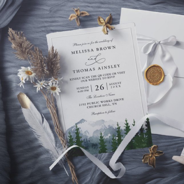 Convites Casamento Código QR Floresta Rústica Aquarela Mont (Criador carregado)
