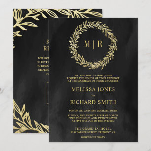 Convites Casamento Código QR Folha Dourada Galho Cinza Carv
