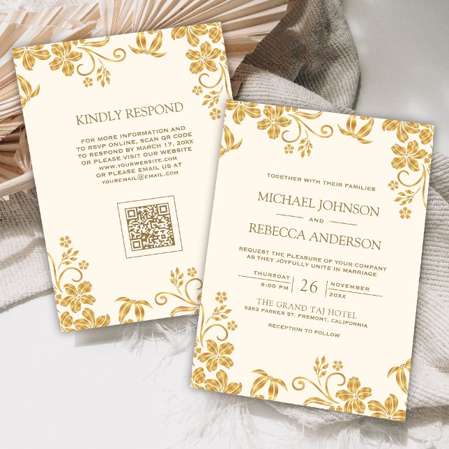 Convites Casamento Código QR Folhas Florais Creme Marfim Do (Criador carregado)
