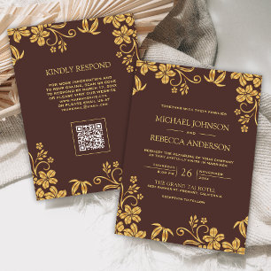 Convites Casamento Código QR Folhas Florais Marrom Dourado