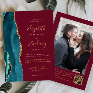 Convites Casamento Código QR Foto Ágata Dourada Turquesa Bu