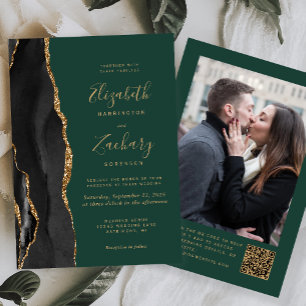 Convites Casamento Código QR Foto Ágata Verde Ouro Preto