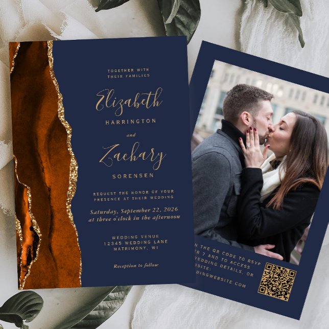 Convites Casamento Código QR Foto Azul Agata Laranja Queima (Criador carregado)