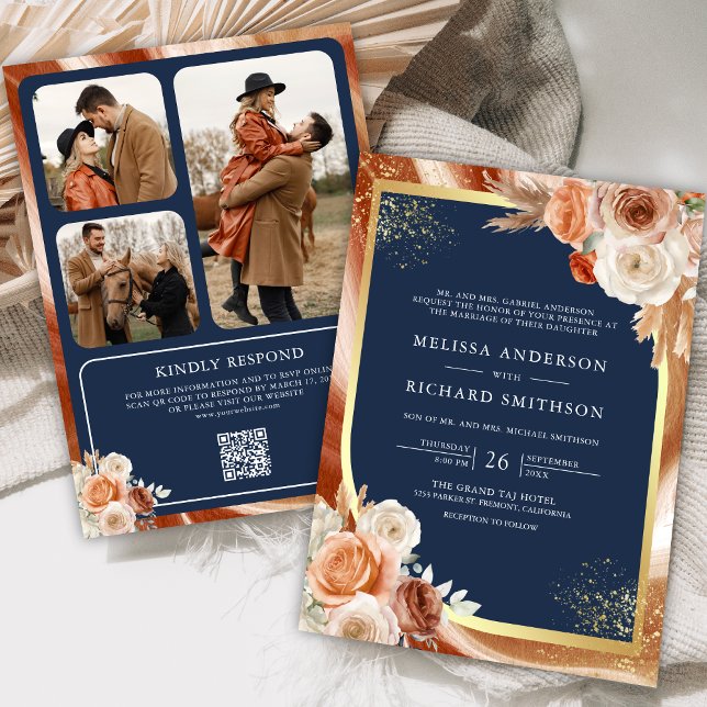 Convites Casamento Código QR Foto Azul Naval Floral Terraco (Criador carregado)