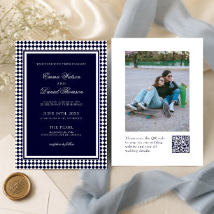 Convites Casamento Código QR Foto Borda Harlequim Azul Mari