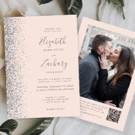 Convites Casamento Código QR Foto Brilho Rosa Bege Prata