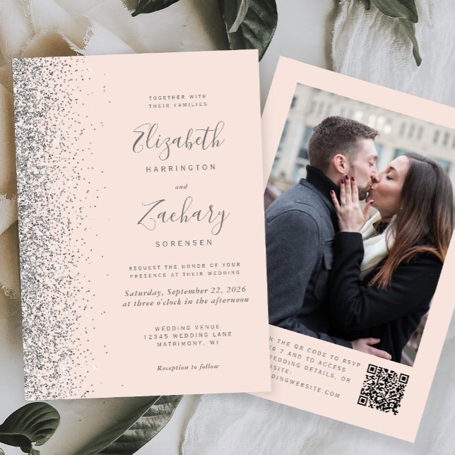 Convites Casamento Código QR Foto Brilho Rosa Bege Prata (Criador carregado)