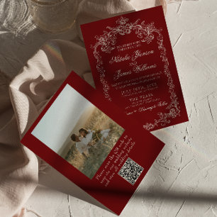 Convites Casamento Código QR Foto Burgundy Vintage Dinheiro