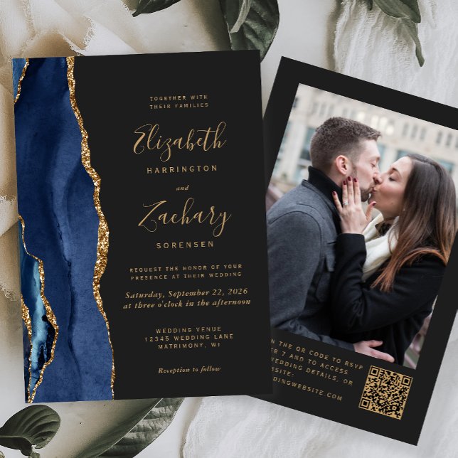 Convites Casamento Código QR Foto Escura Ágata Azul Marinho (Criador carregado)