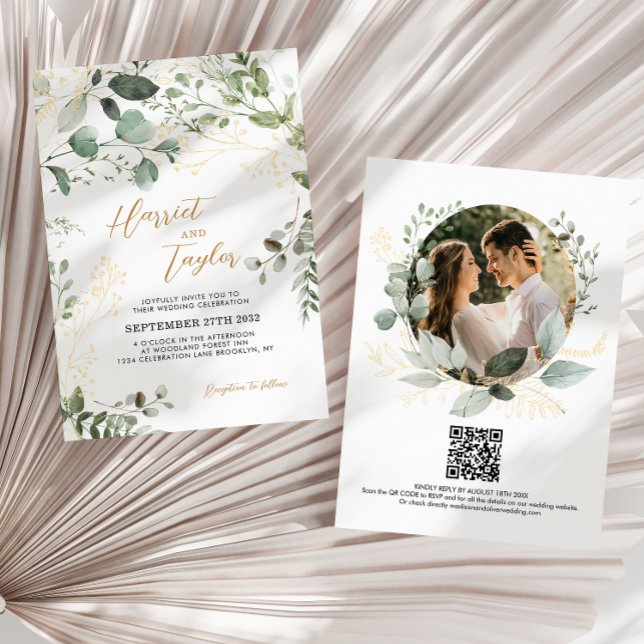 Convites Casamento Código QR Foto Eucalipto Verde Dourado  (Criador carregado)