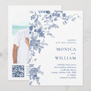 Convites Casamento Código QR Foto Floral Azul Vitoriano Fra