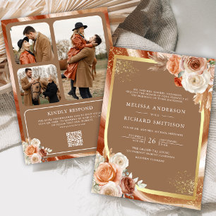 Convites Casamento Código QR Foto Floral Bege Terracota Dou