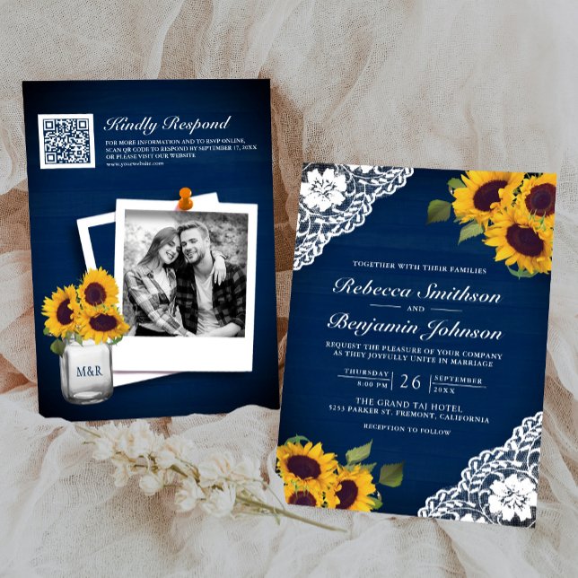 Convites Casamento Código QR Foto Girassol com Renda de Mad (Criador carregado)
