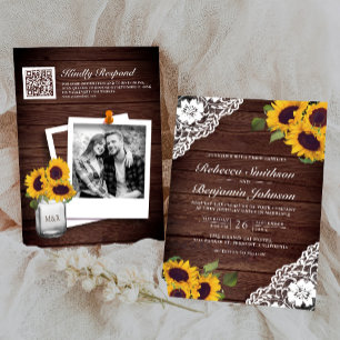 Convites Casamento Código QR Foto Girassol de Renda de Made