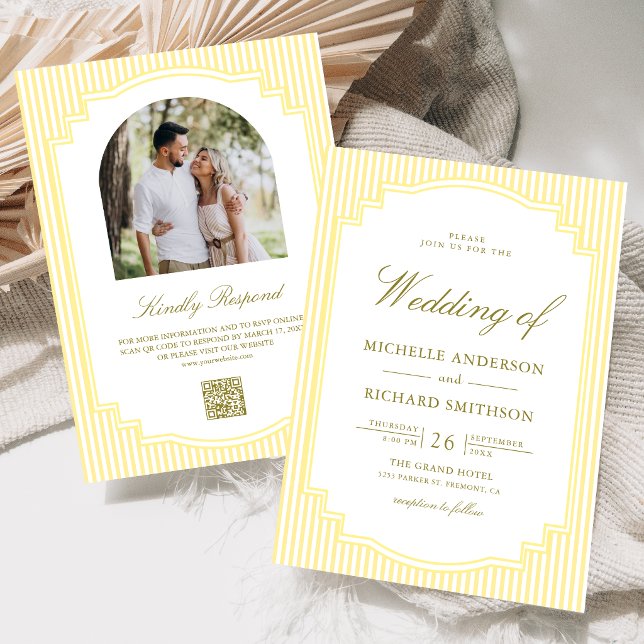 Convites Casamento Código QR Foto Listrada Amarela Clássica (Criador carregado)