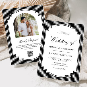 Convites Casamento Código QR Foto Listrada Preto e Branco