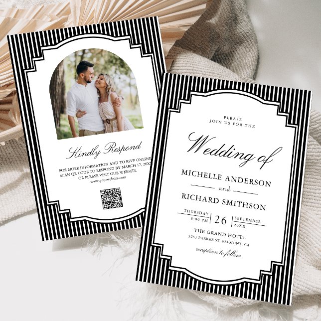 Convites Casamento Código QR Foto Listrada Preto e Branco (Criador carregado)