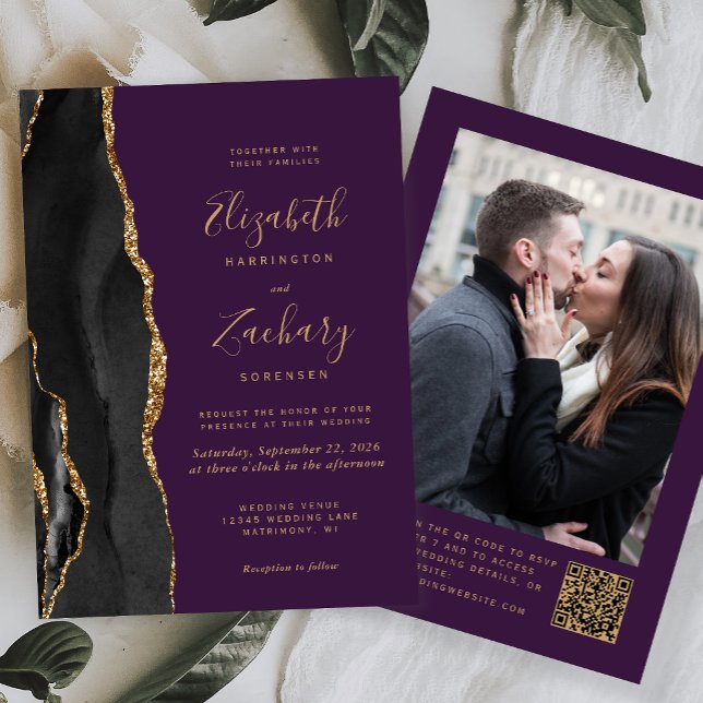 Convites Casamento Código QR Foto Roxo Ágata Ouro Preto (Criador carregado)