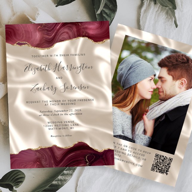 Convites Casamento Código QR Foto Seda Marfim Ágata Borgonh (Criador carregado)