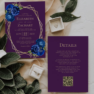 Convites Casamento Código QR Geo Floral Azul Real Dourado R