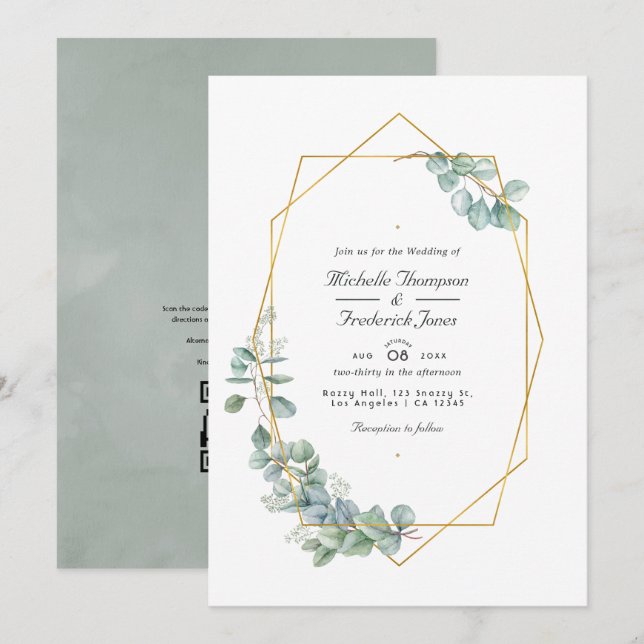 Convites Casamento Código QR Geométrico Eucalipto Sage Prat (Frente/Verso)