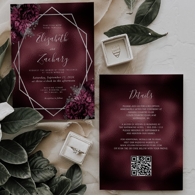 Convites Casamento Código QR Geométrico Prata Floral Borgon (Criador carregado)