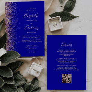 Convites Casamento Código QR Glitter Azul Real Dourado Rosa