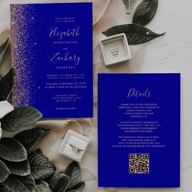 Convites Casamento Código QR Glitter Azul Real Dourado Rosa (Criador carregado)