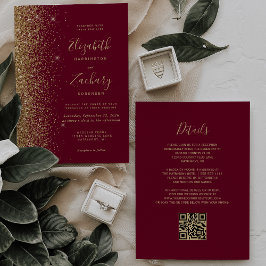 Convites Casamento Código QR Glitter Dourado Vermelho Borgo