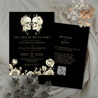Convites Casamento Código QR Gótico Preto e Dourado Tudo em
