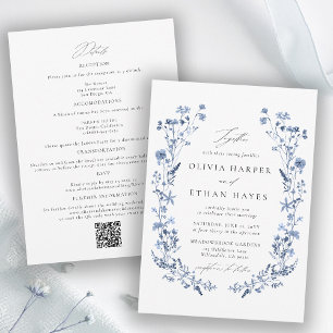 Convites Casamento Código QR Jardim Floral Azul de Flores S
