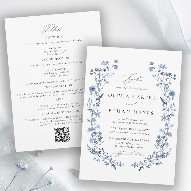 Convites Casamento Código QR Jardim Floral Azul de Flores S (wildflower wedding theme blue invitation watercolor garden backyard barn summer spring all in one qr)