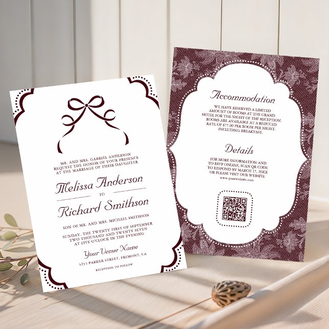 Convites Casamento Código QR Laço Coquete de Renda Branca B (Criador carregado)