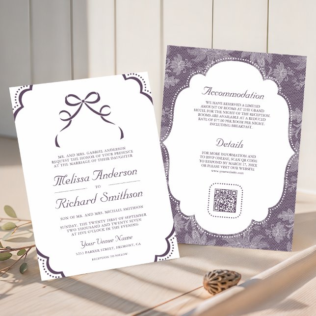 Convites Casamento Código QR Laço Coquete de Renda Roxo e B (Criador carregado)