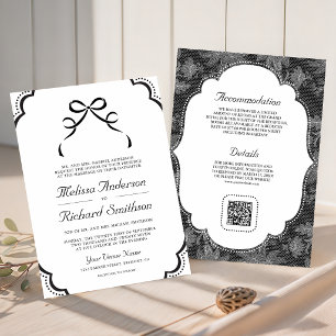 Convites Casamento Código QR Laço Coquete em Preto e Branco