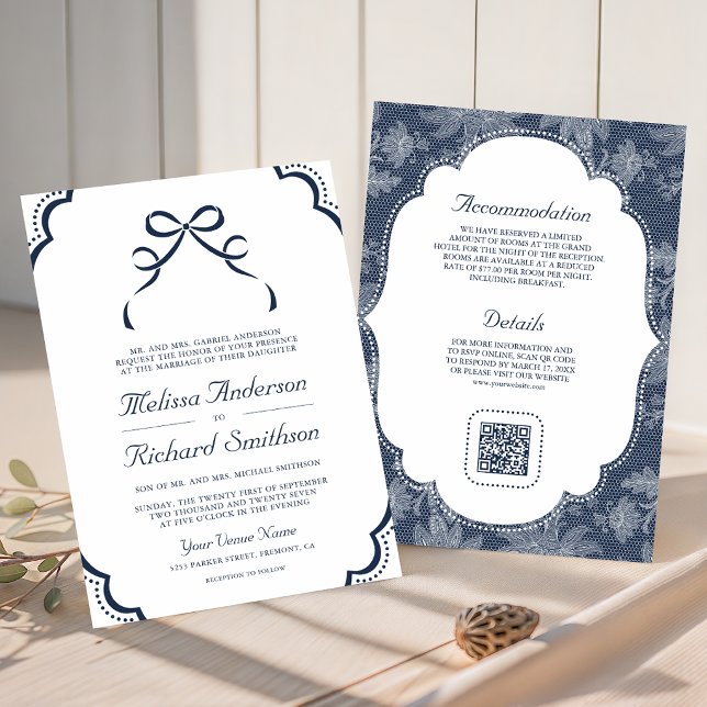 Convites Casamento Código QR Laço Coquette Azul Marinho Bra (Criador carregado)