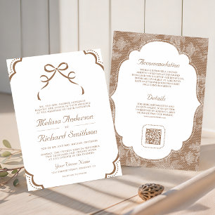 Convites Casamento Código QR Laço Coquette Bege Bege Branco
