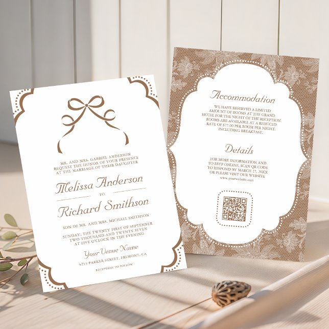 Convites Casamento Código QR Laço Coquette Bege Bege Branco (Criador carregado)